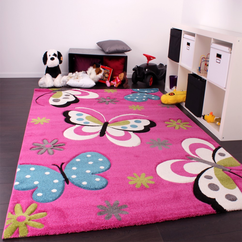 Kinder Teppich Schmetterling Design Pink 