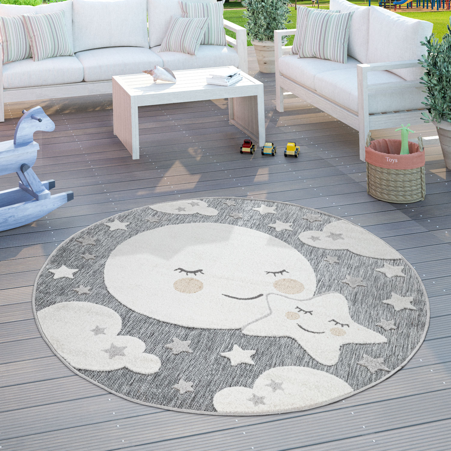 In- & Outdoor Kinderteppich Kinderzimmer Rund Spielteppich Mond Grau 