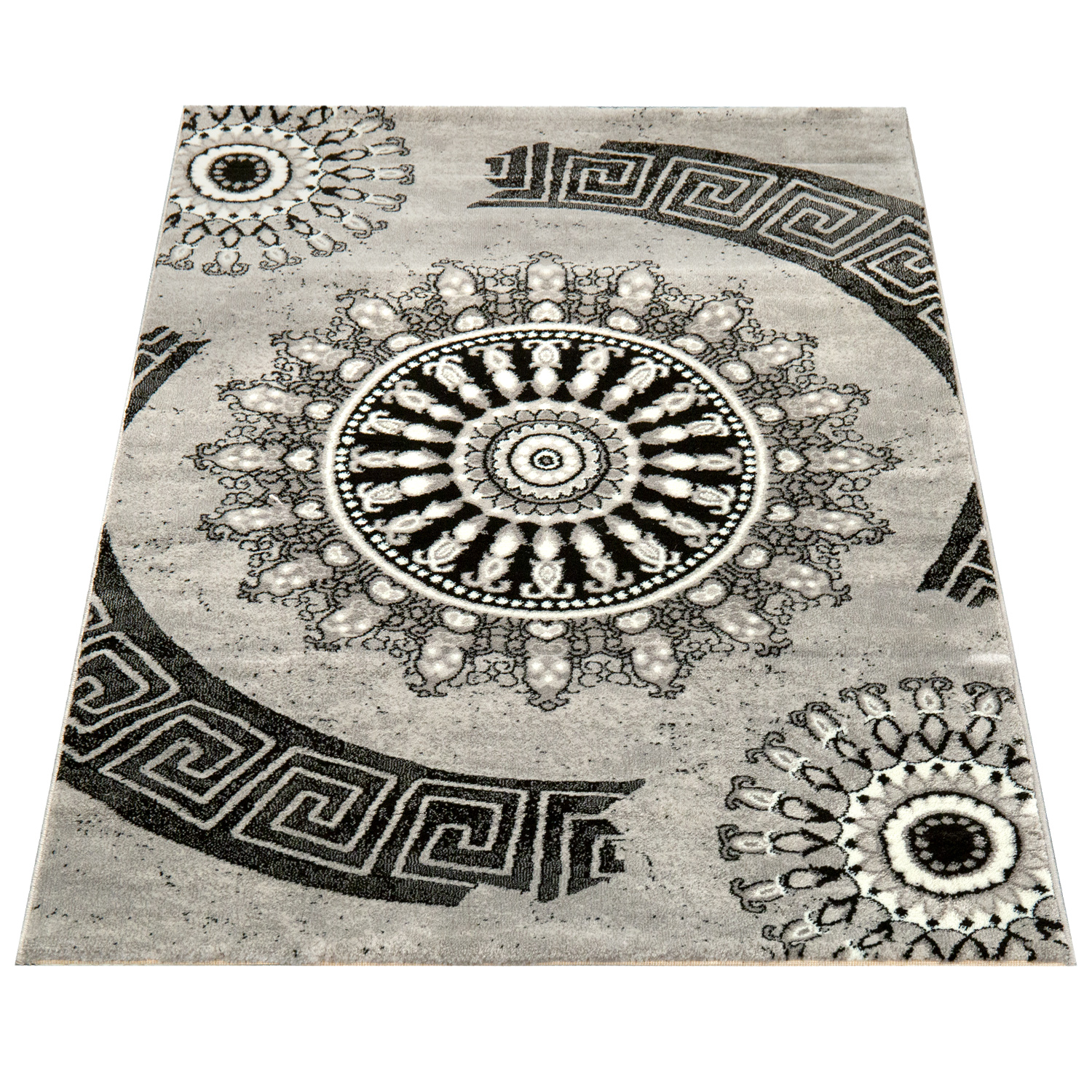 Teppich Klassisch Gemustert Kreis Ornament Meliert Grau 